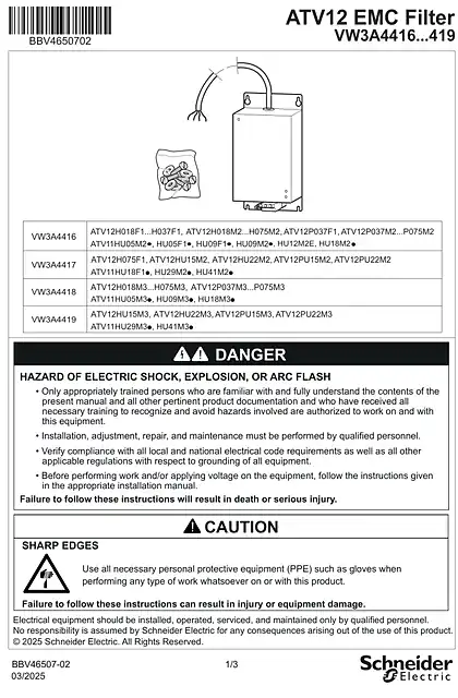schneider施耐德Instruction sheet EMC filter - VW3A4416...419